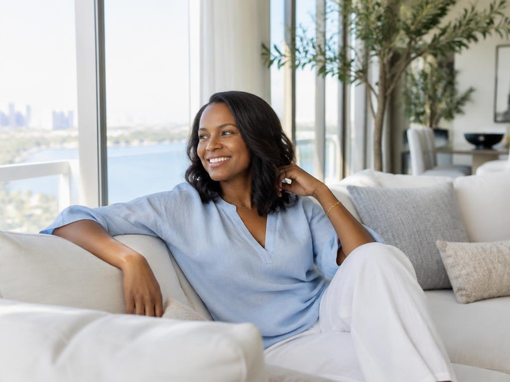 Homeowner relaxing in a bright, freshly cared-for living room