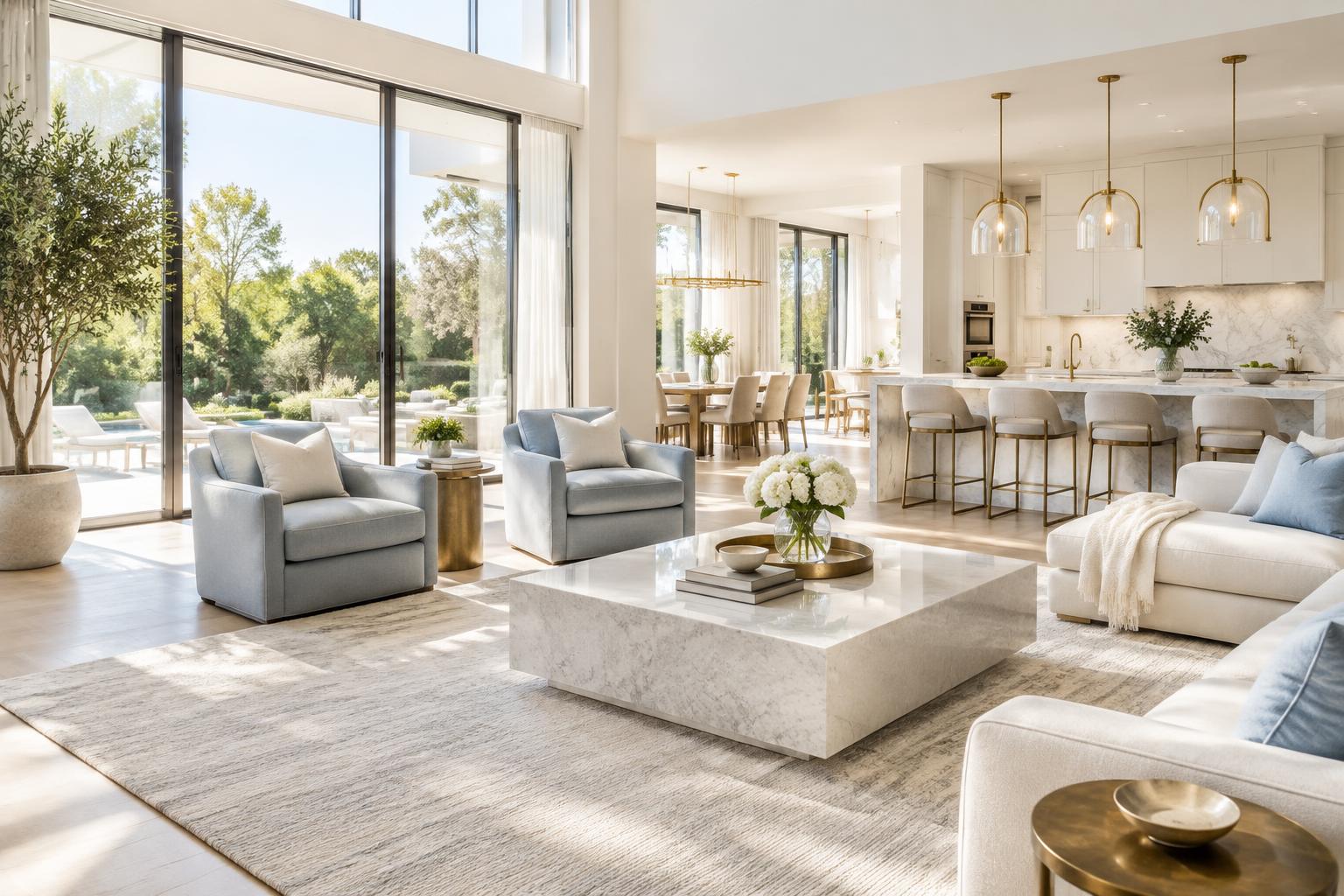 Light-filled luxury Houston home with a spotless living room and kitchen